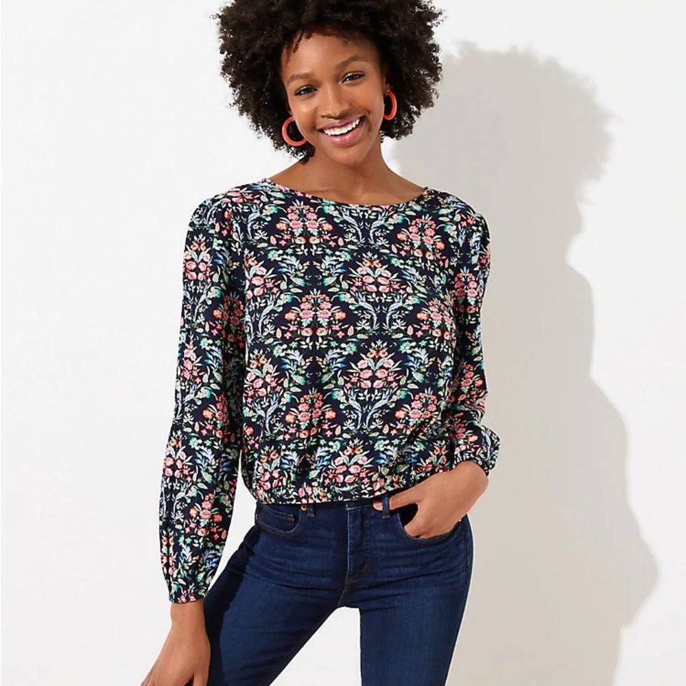 LOFT Smocked long sleeve floral print top
